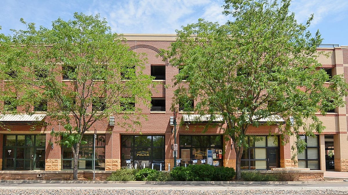 A two-storey brick retail and office building behind street trees